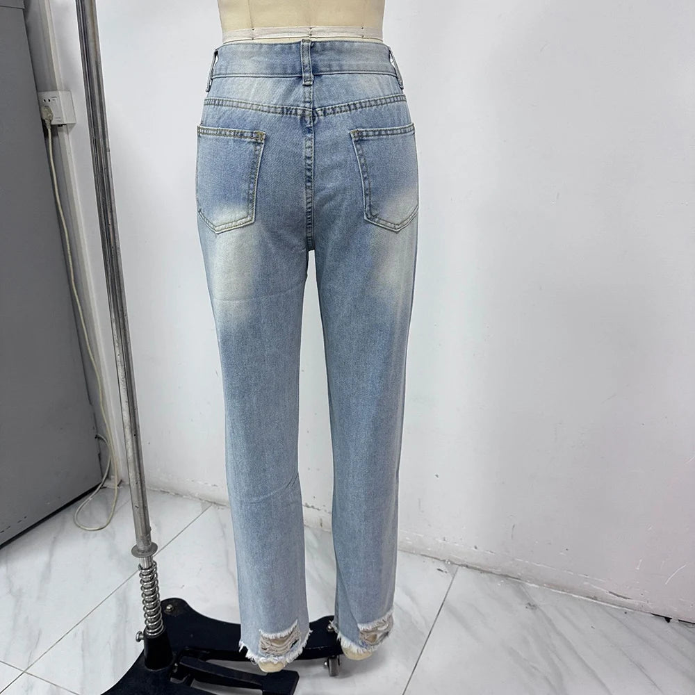 Jean Slim Destroyé Femme Taille Haute – Coupe Droite Bureau & Casual