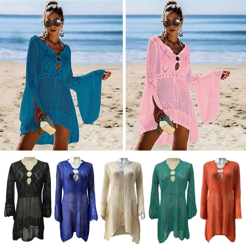 Chemise Cover-Up Plage Tricot Ajourné Col V — Protection Solaire Casual Femme