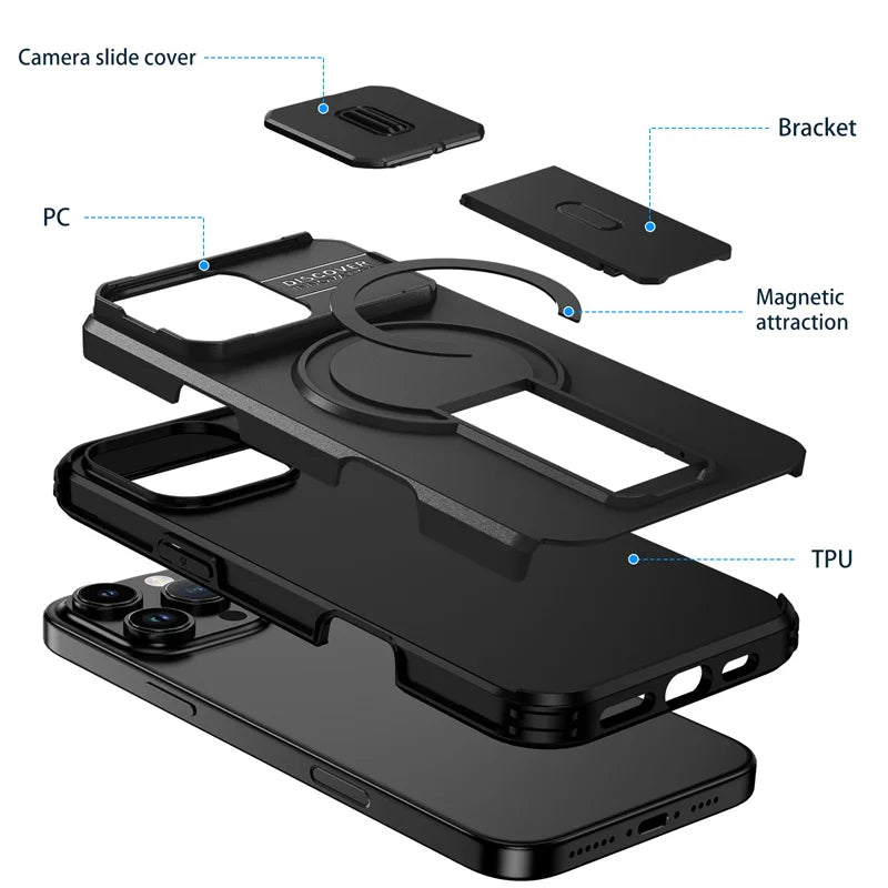 Coque MagSafe iPhone — Protection Objectif Coulissante, Support Intégré, Charge Sans Fil