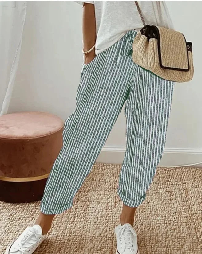 Pantalon Large Rayures Femme – Taille Élastique Casual Style Anglais