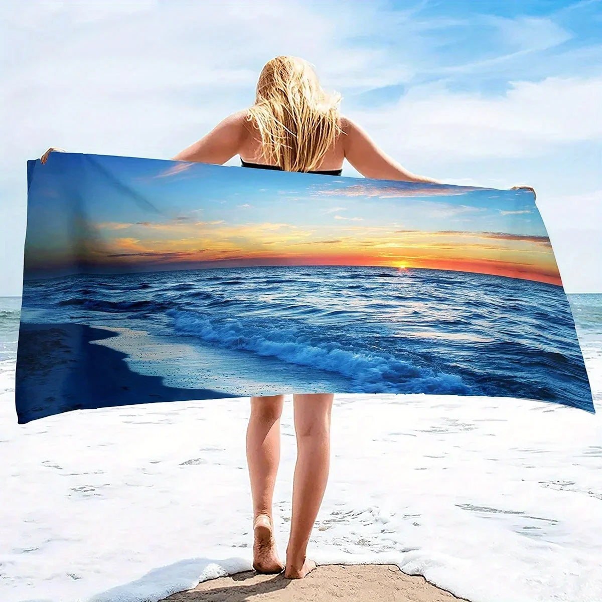 Serviette de Plage Coucher de Soleil sur l’Océan — Séchage Rapide, Anti-UV, Anti-Sable