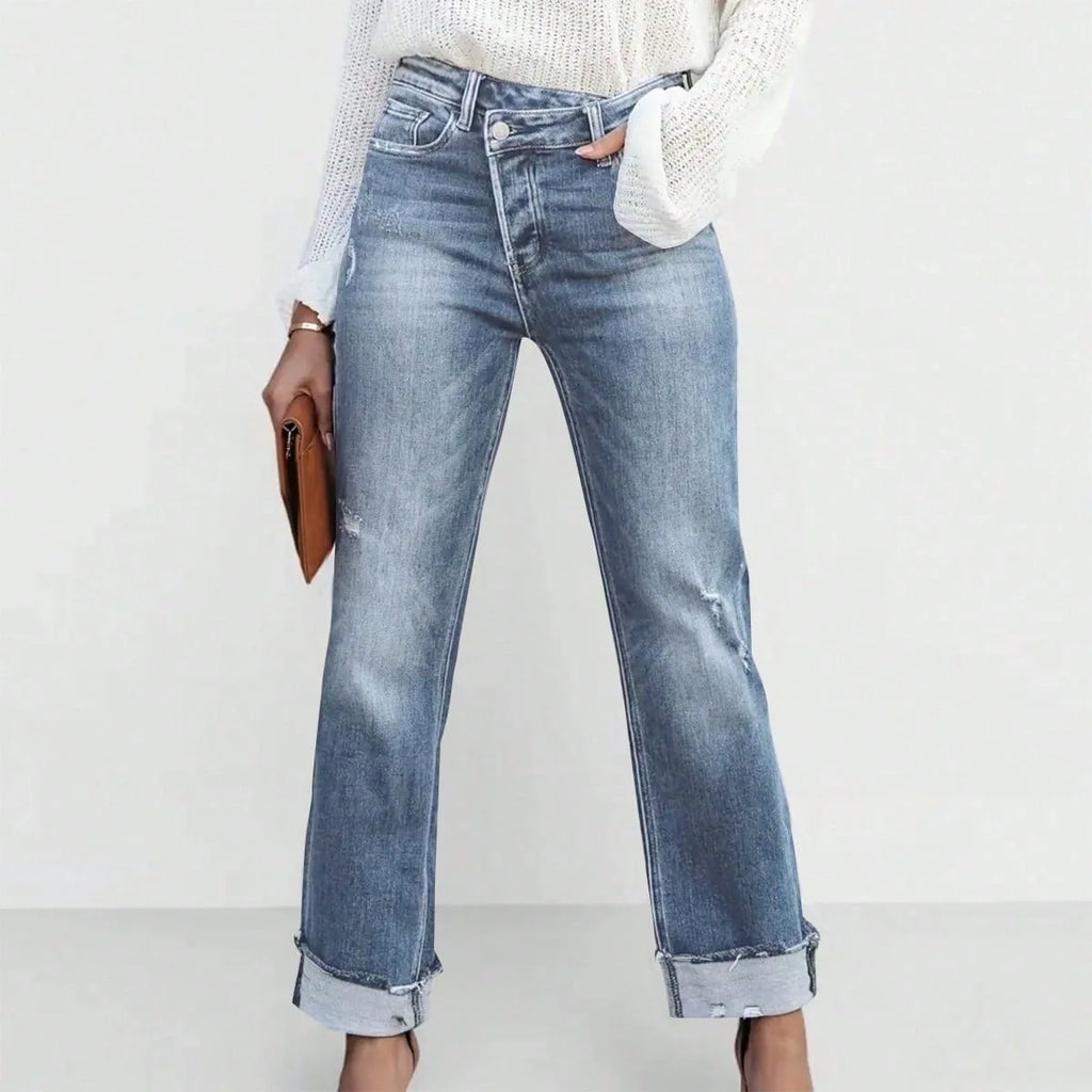 Jean Droit Taille Haute Femme – Slim Stretch Couleur Unie Toutes Saisons