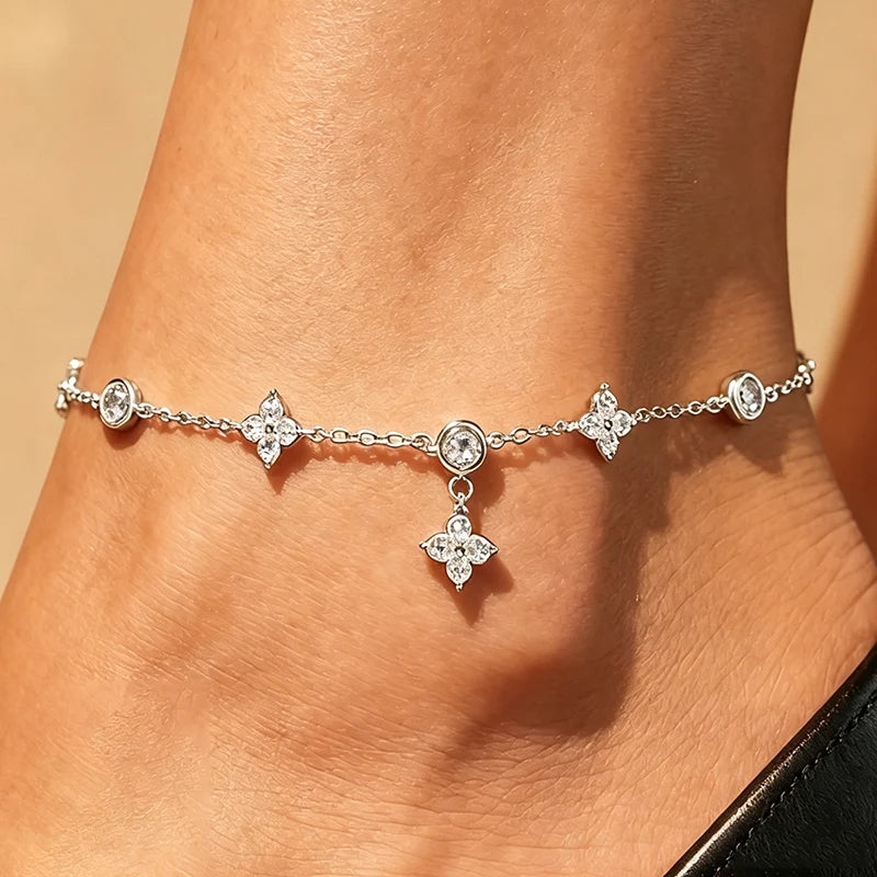 Bracelet de Cheville Trèfle Porte-Bonheur Argent 925 Zircon Femme — Bijou Pied Été