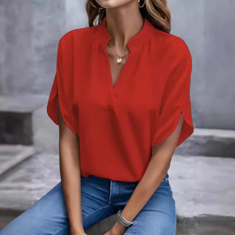 Top Blouse Col V Manches Courtes — Chemisier Casual Femme Grande Taille