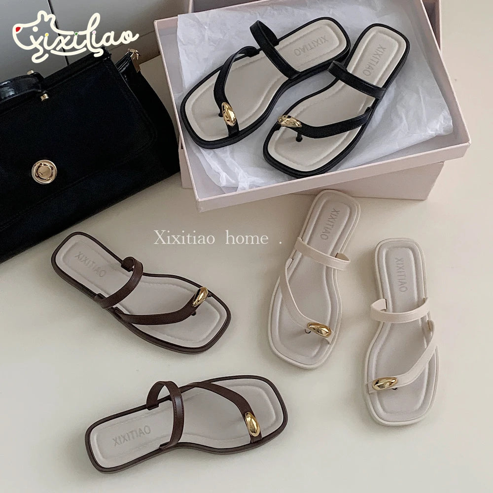 Sandales Minimalistes Style Français Bout Carré Ankle-Wrap Femme — Plage Été