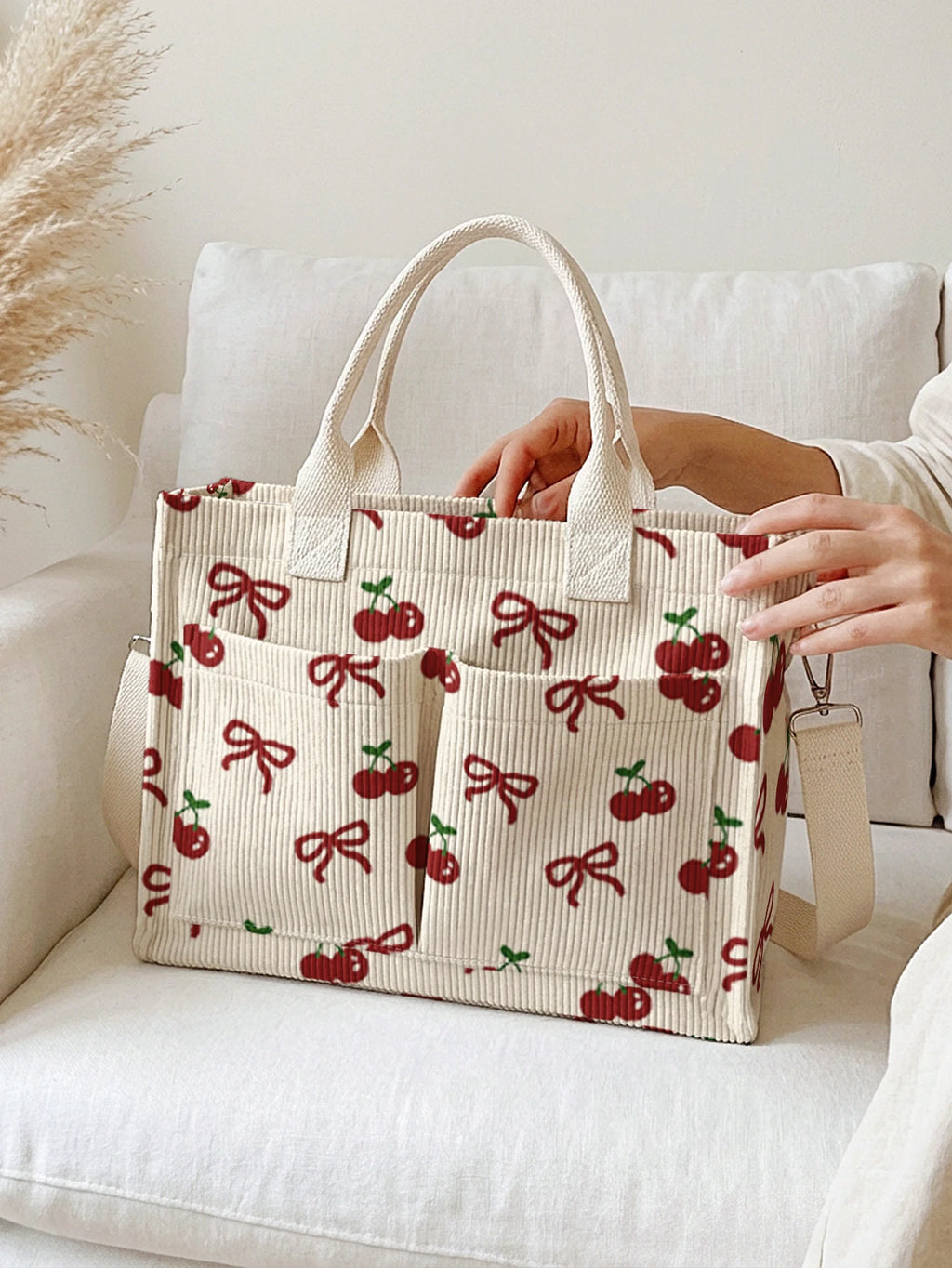 Tote Bag Velours Côtelé Motif Cerise & Nœud — Sac Cabas Grande Capacité Femme