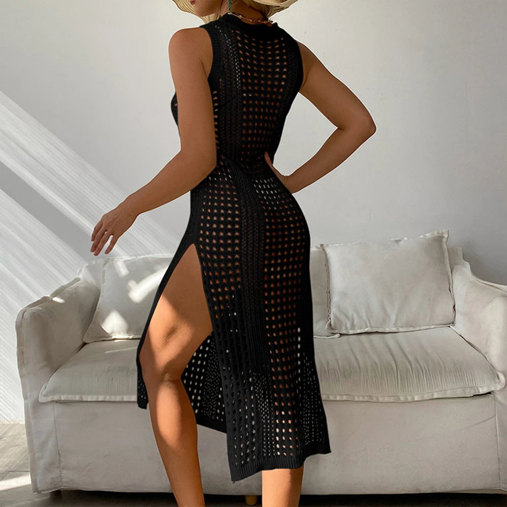 Robe Crochet Cover-Up Fente Latérale — Robe de Plage Sans Manches Femme