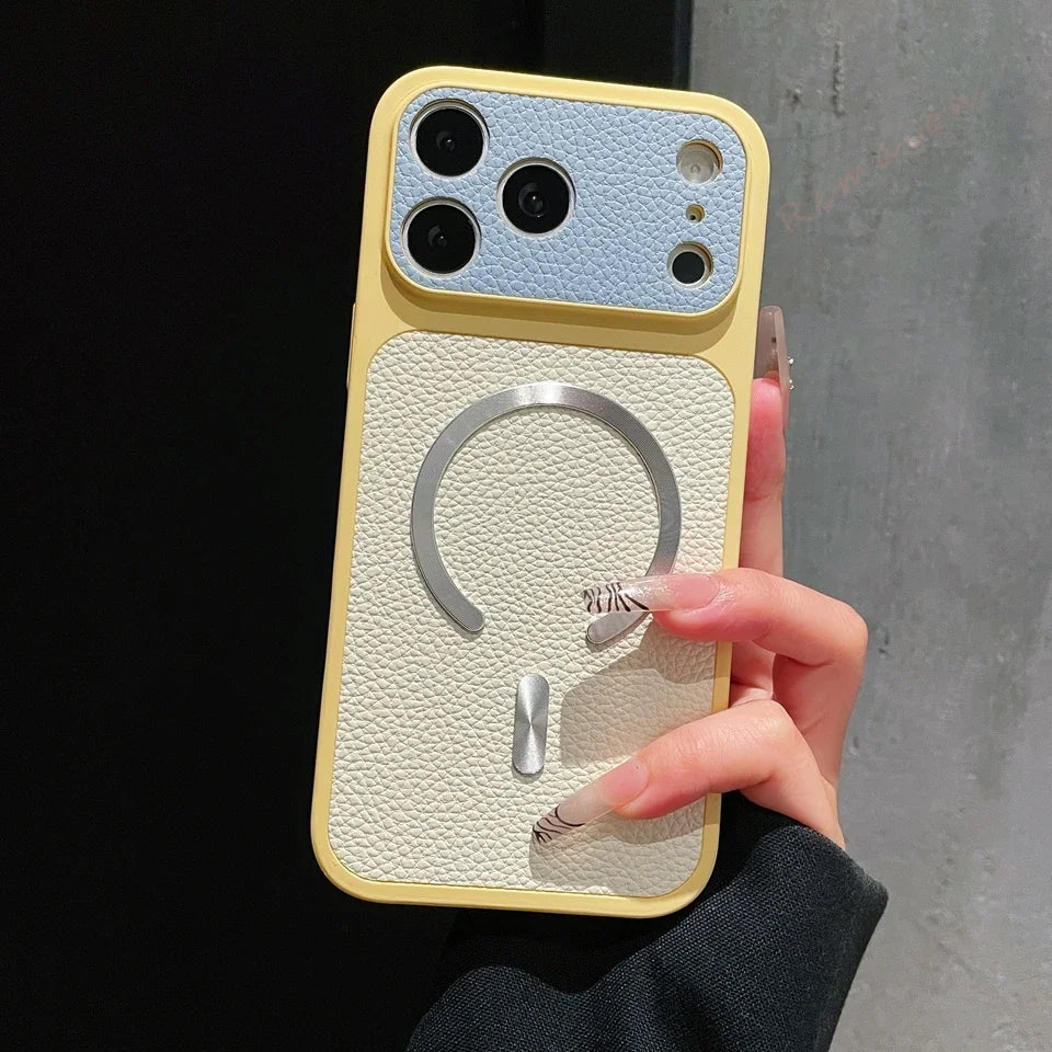 Coque Magnétique en Cuir pour iPhone — Compatible MagSafe, Toutes Séries (11 à 17 Pro Max)