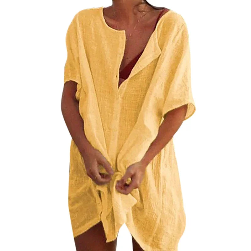 Chemise de Plage Coton Lin Longue — Blouse Cover-Up Casual Femme