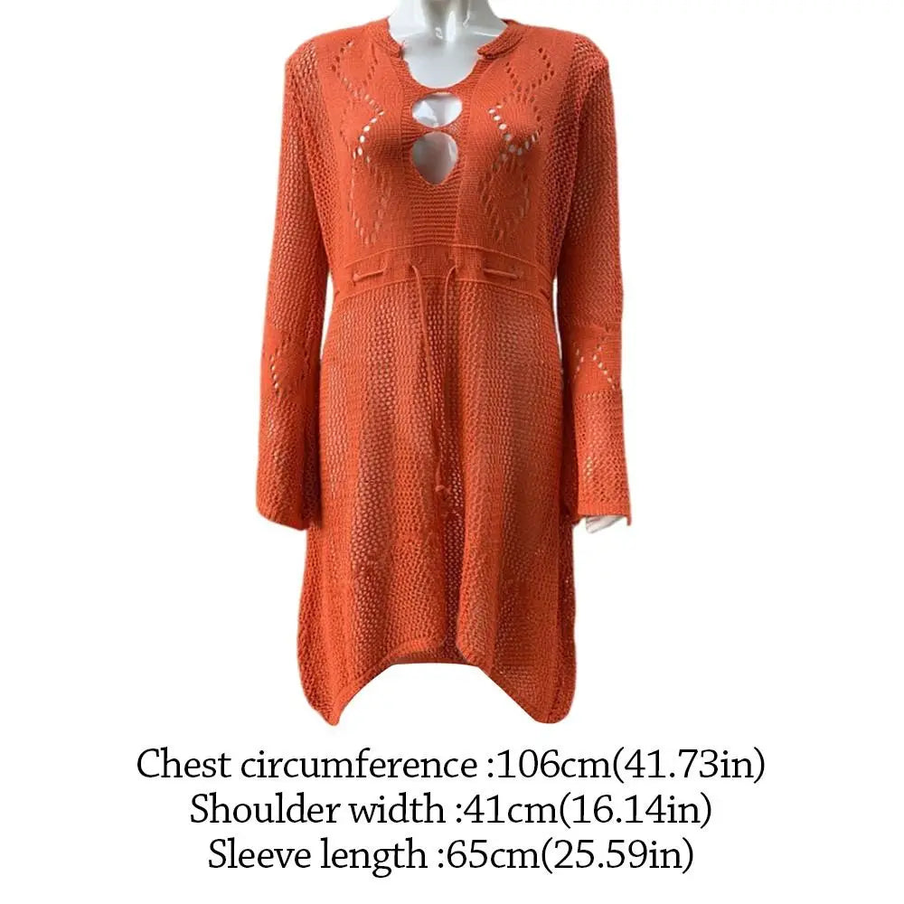 Chemise Cover-Up Plage Tricot Ajourné Col V — Protection Solaire Casual Femme