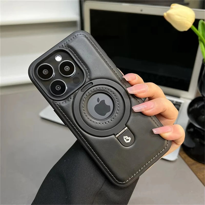 Étui Cuir Luxe MagSafe avec Anneau Magnétique — iPhone 12 à 17 Pro Max, Chargement Sans Fil