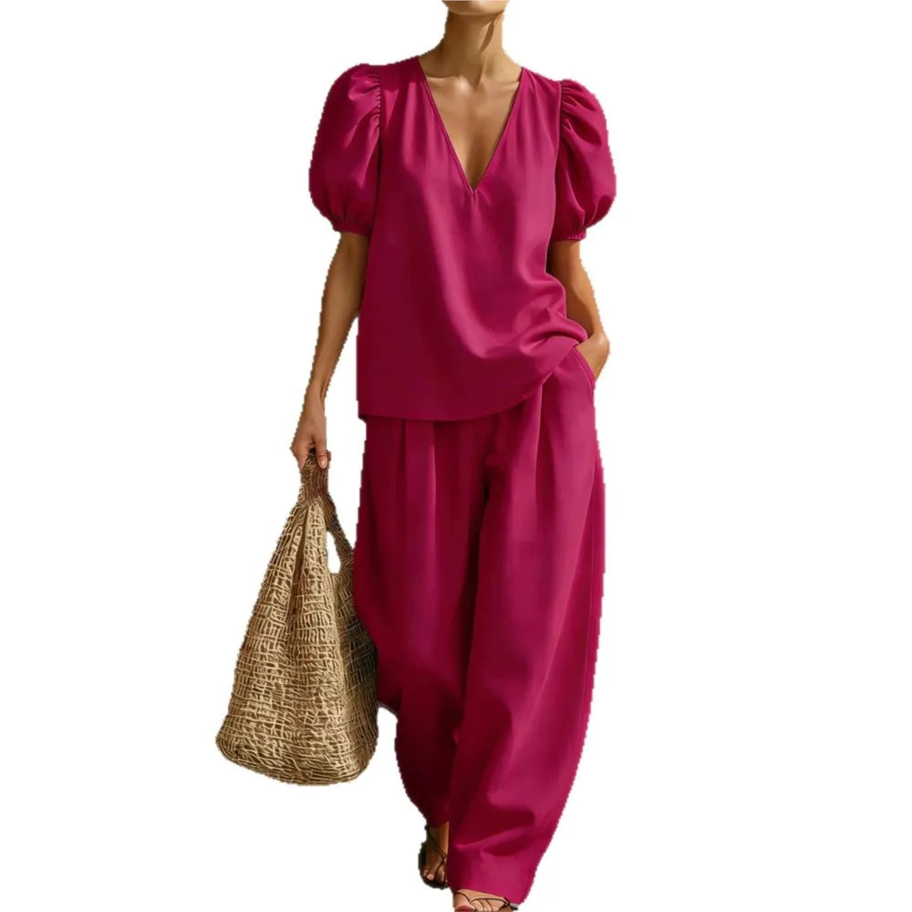 Ensemble 2 Pièces Femme — Top Col V Manches Bouffantes + Pantalon Large Taille Haute Poches