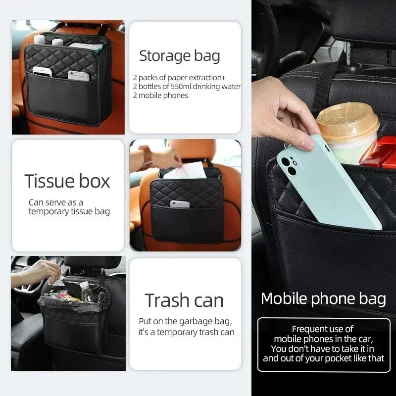Sac Organisateur de Siège Auto en Cuir — 3-en-1 Rangement, Organisation & Poubelle