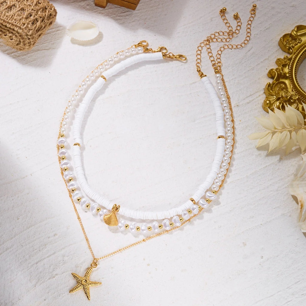 Collier Ras-du-Cou Coquillage Étoile de Mer — Multicouche Perles & Argile, Style Boho Été