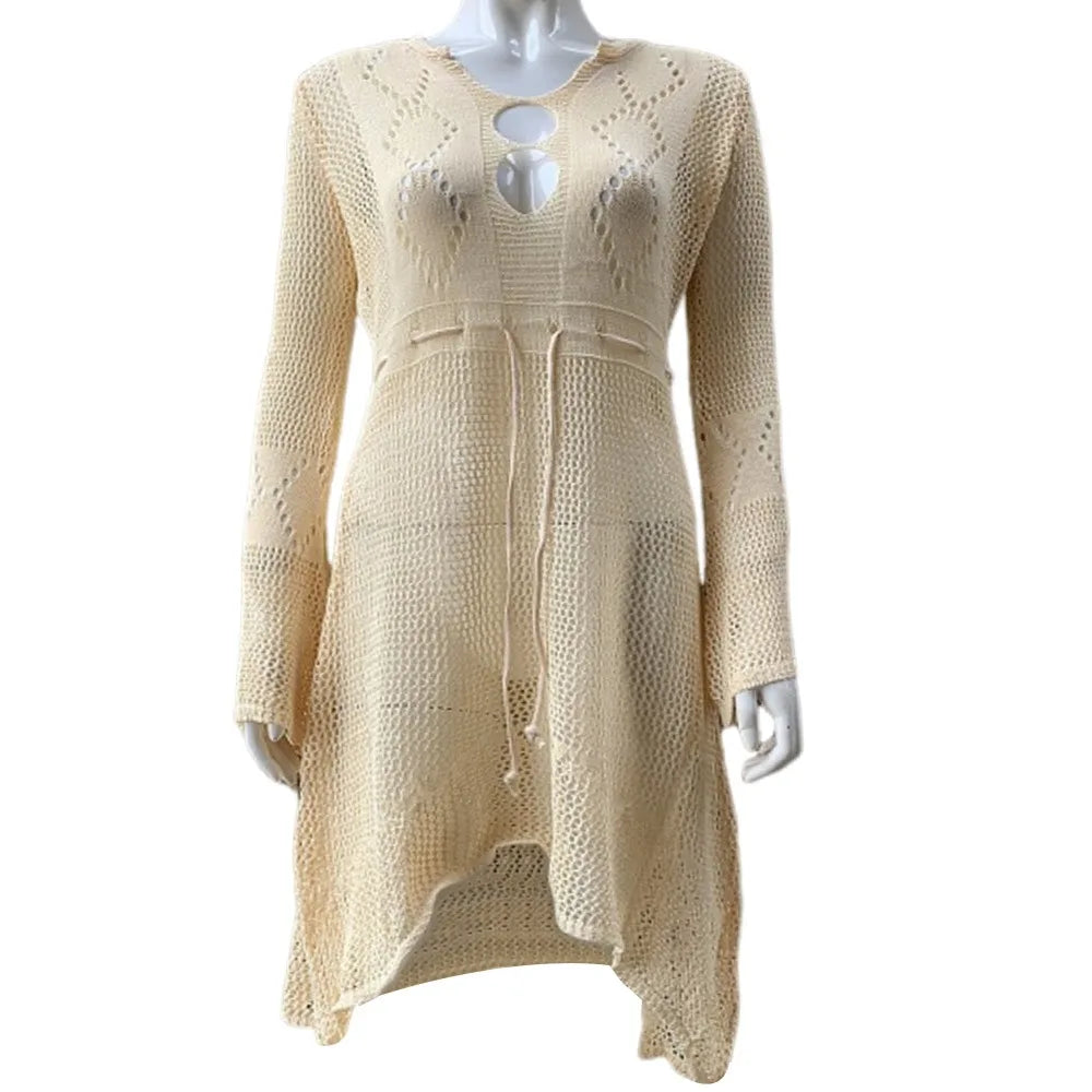 Chemise Cover-Up Plage Tricot Ajourné Col V — Protection Solaire Casual Femme
