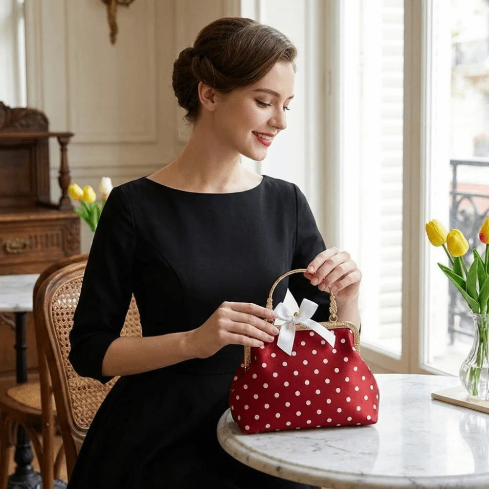 Pochette À Pois Kiss Lock — Sac Soirée Anse Métal Nœud Femme Élégante