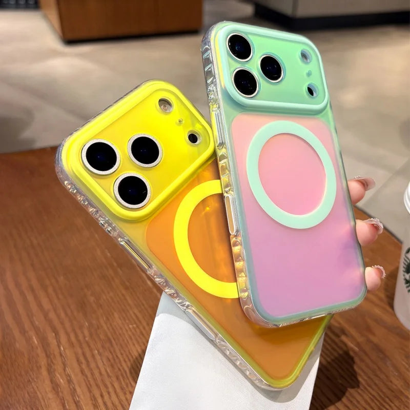 Coque Aurora Laser Gradient MagSafe — iPhone 15 à 17 Pro Max, Candy Color, Chargement Sans Fil