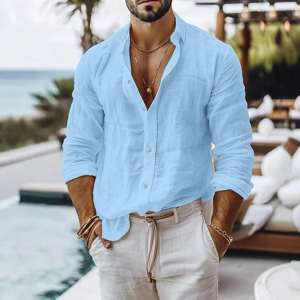 Chemise Homme Coton Lin — Style Plage Été