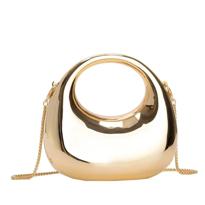 Mini Pochette Demi-Lune Métal Brillant — Clutch Soirée Chaîne Femme Style Diamant