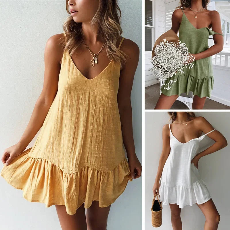 Robe Mini Coton Lin Bretelles À Volants — Robe Été Casual Femme