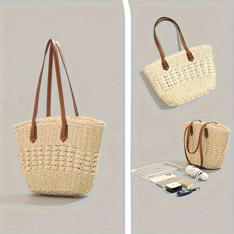 Grand Tote Bag en Paille Tressée — Sac Cabas Femme Grande Capacité Plage & Quotidien