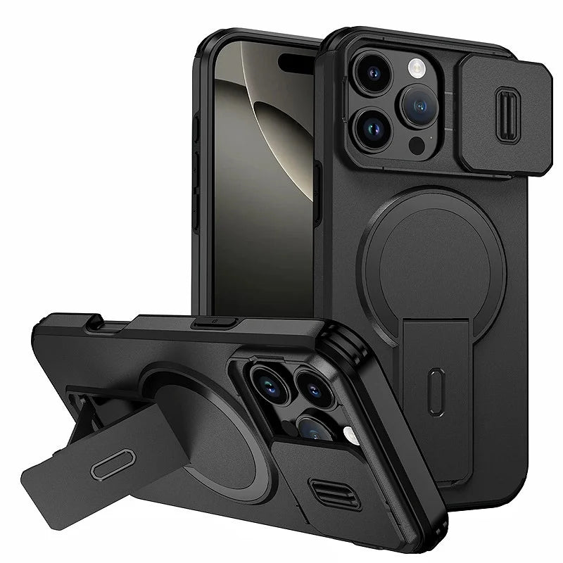 Coque MagSafe iPhone — Protection Objectif Coulissante, Support Intégré, Charge Sans Fil