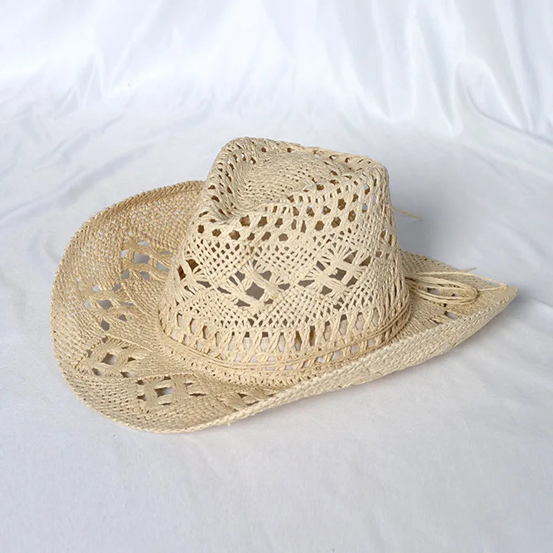 Chapeau de Cowboy Tendance Ajouré — Fait Main en Paille, Style Boho Plage Unisexe