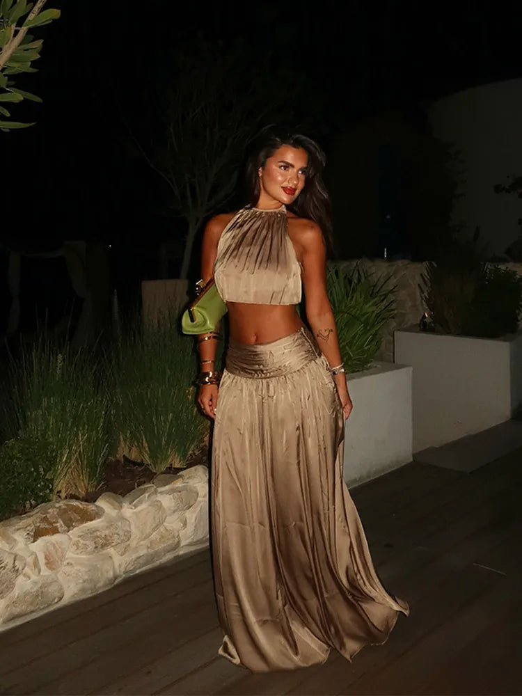 Ensemble Luxe Crop Top Halter & Jupe Maxi — Tenue Soirée Formelle Femme