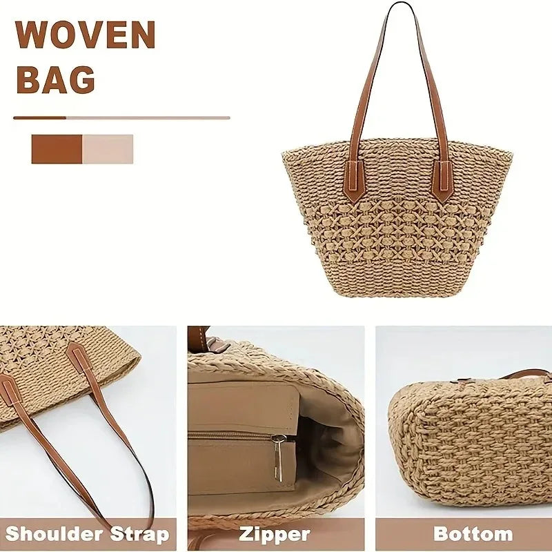 Grand Tote Bag en Paille Tressée — Sac Cabas Femme Grande Capacité Plage & Quotidien