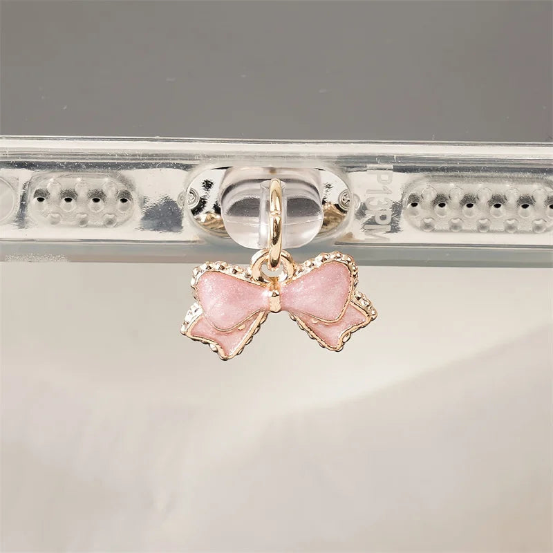 Bouchon Anti-poussière Nœud Papillon Rose & Blanc — Port Lightning, USB-C & Android