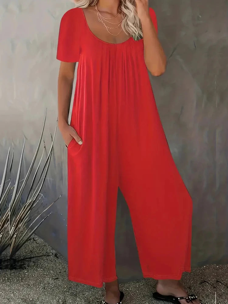 Combinaison Femme Grande Taille — Manches Courtes, Poches, Couleur Unie (0XL-5XL)
