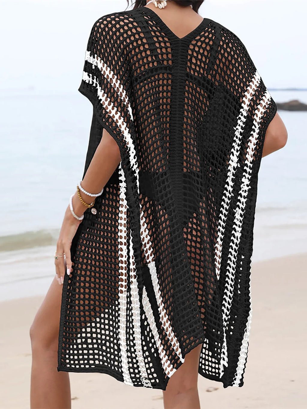Tunique Cover-Up Crochet Ajourné Manches Courtes — Robe Plage Femme