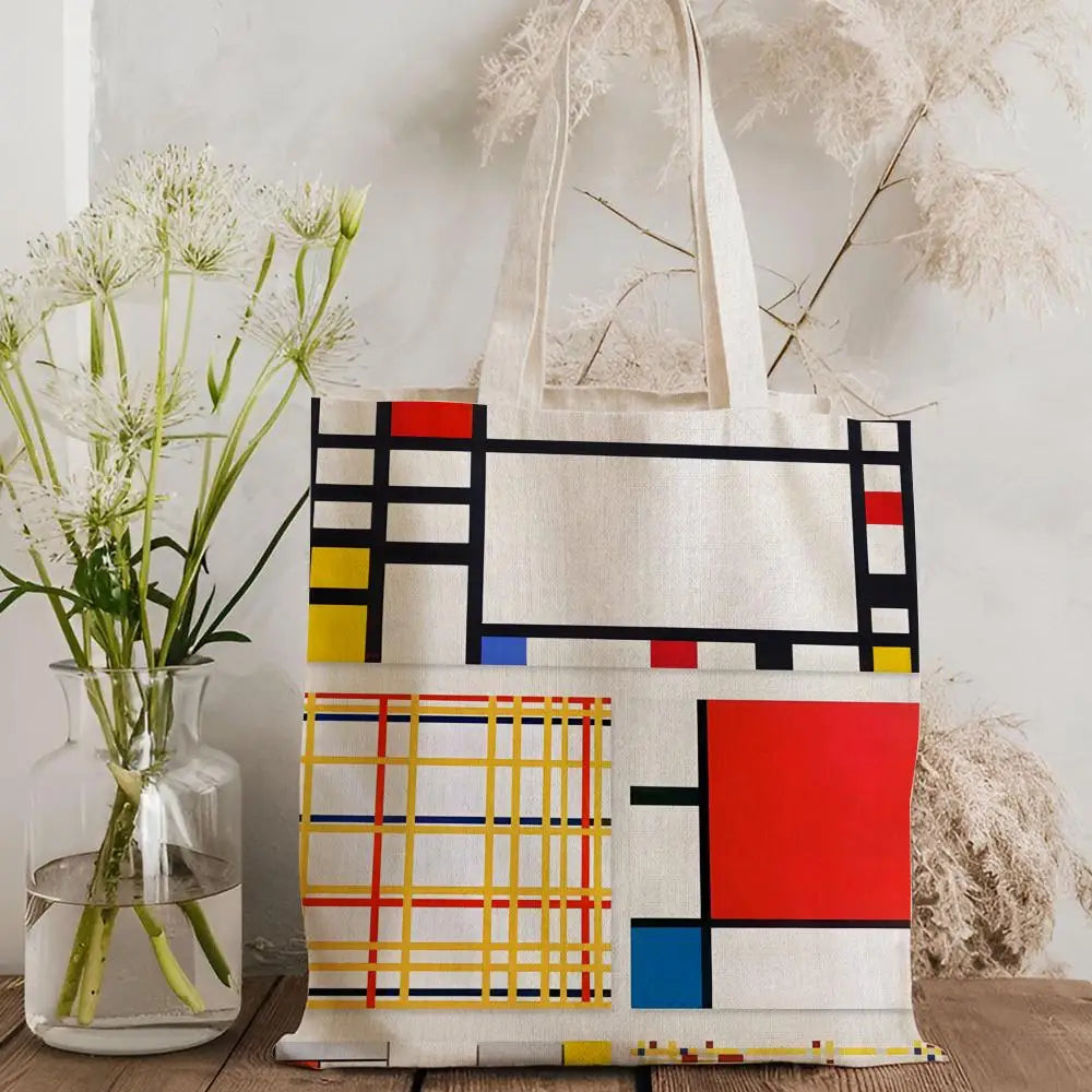 Tote Bag Canvas Style Mondrian — Sac Courses Éco-Responsable Grande Capacité