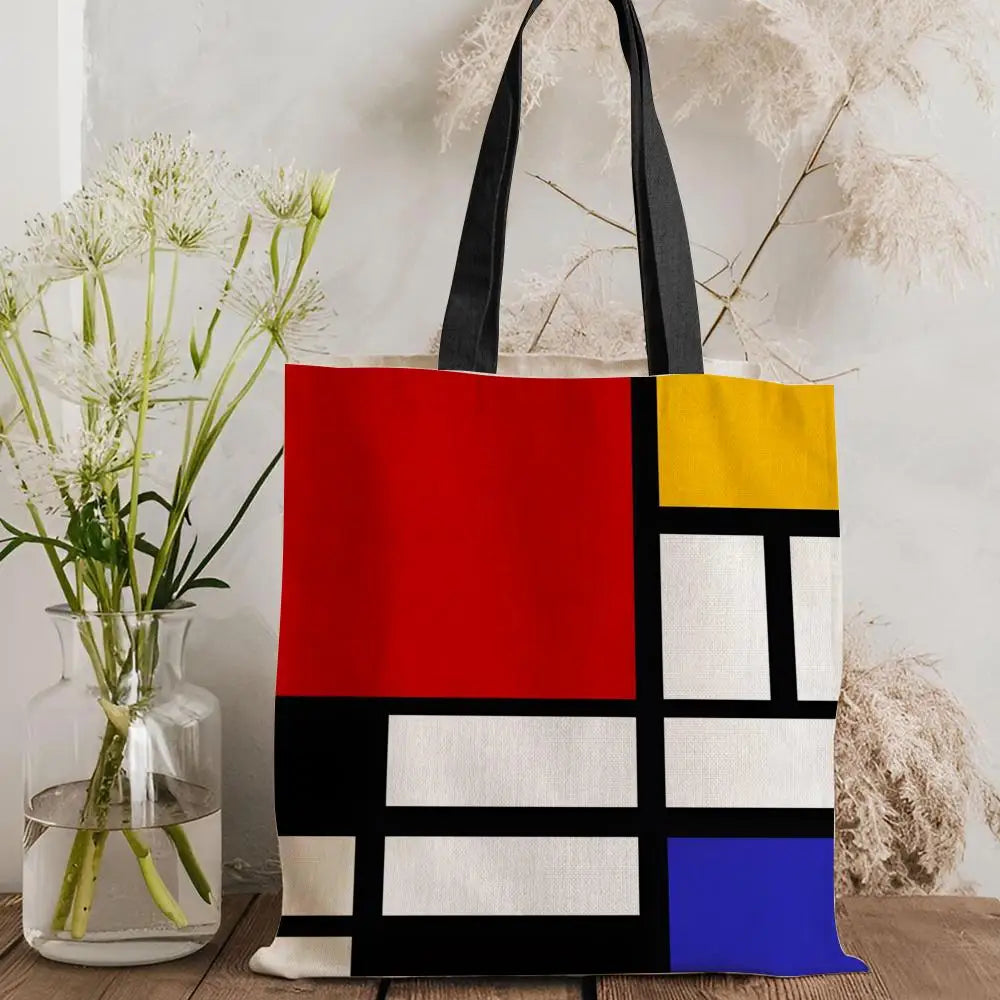 Tote Bag Canvas Style Mondrian — Sac Courses Éco-Responsable Grande Capacité