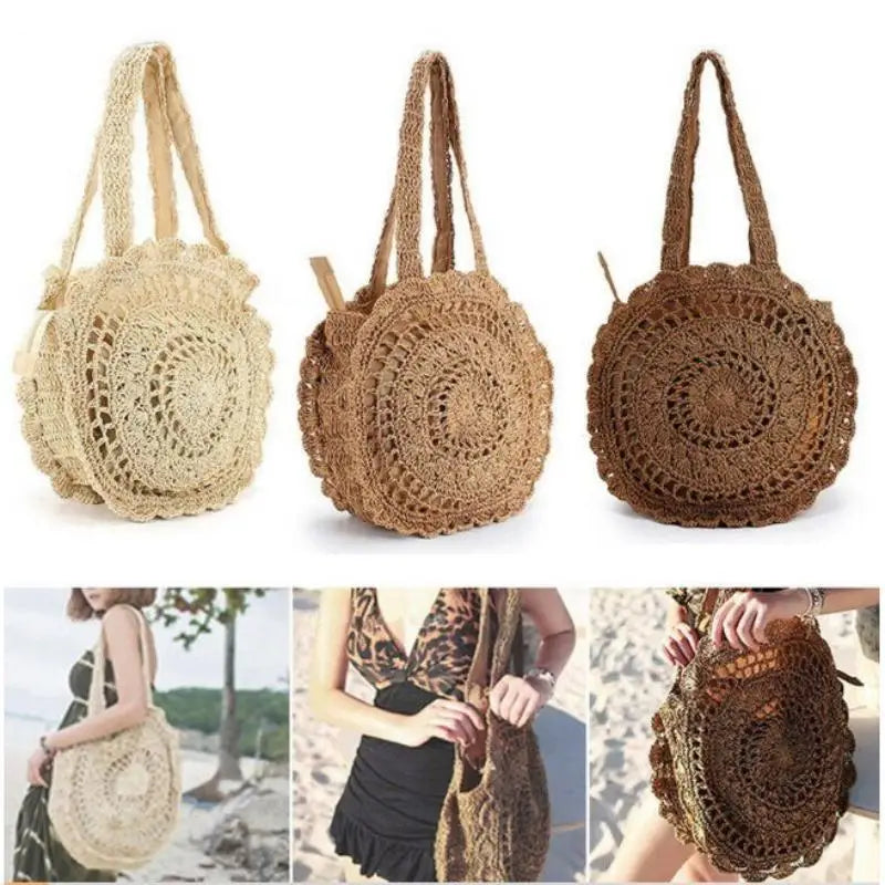 Sac Tote Paille Rond Tressé — Grand Sac de Plage Fait Main Femme Été