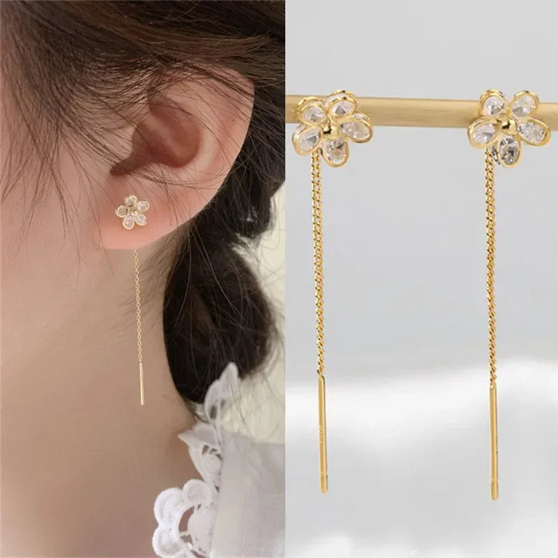 Boucles d'Oreilles Pendantes Zircon Cristal — Ear Line Rose Gold Femme