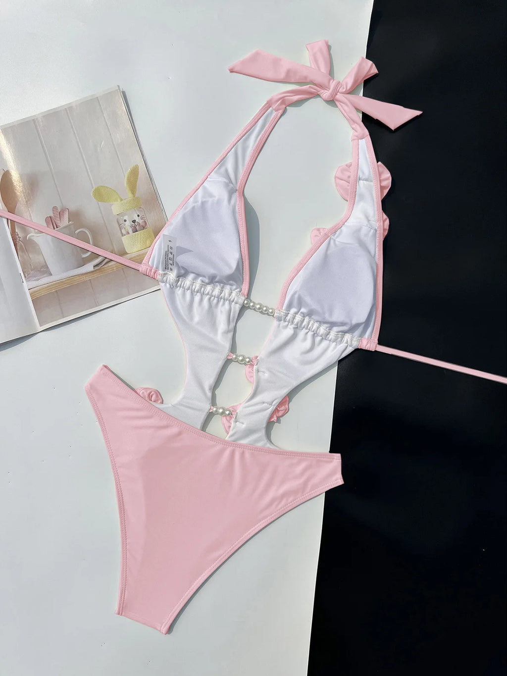 Pink Red Bather Bathing Suit Swim 3D Flower Deep V Neck One Piece Swimsuit Women Swimwear Female High Cut Leg Monokini V6986P