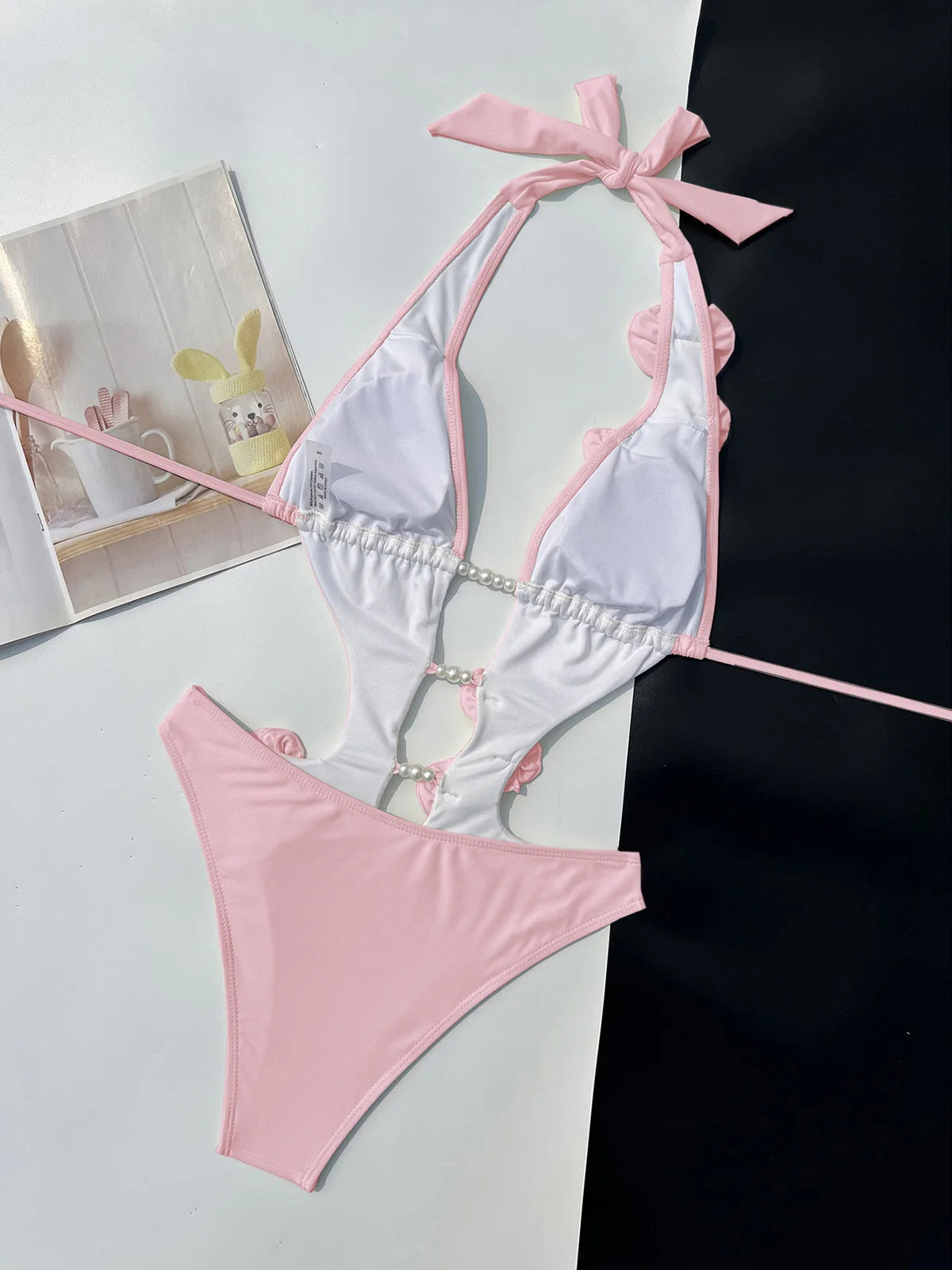 Pink Red Bather Bathing Suit Swim 3D Flower Deep V Neck One Piece Swimsuit Women Swimwear Female High Cut Leg Monokini V6986P
