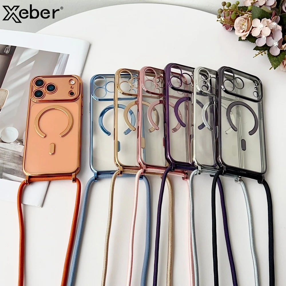 Coque Transparente Magnétique avec Lanière — iPhone 11 à 17 Pro Max, Compatible MagSafe