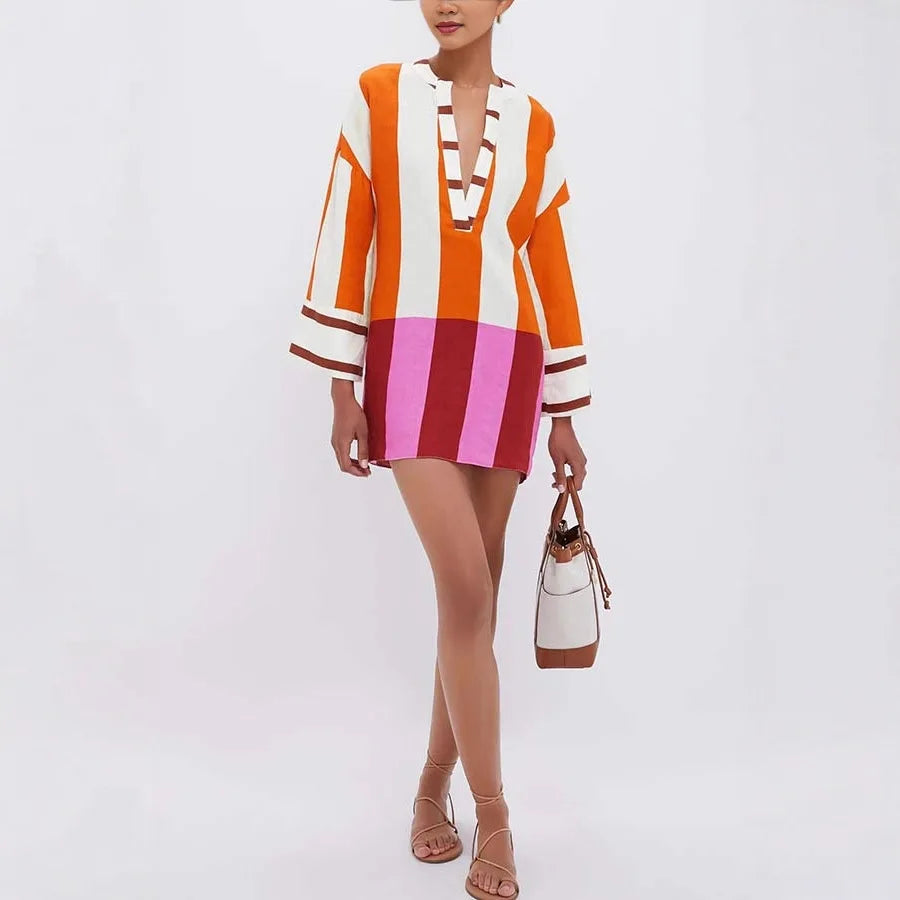 Mini Robe Lin Col V Manches Longues Ajourées — Imprimé Rayé Femme Automne Hiver