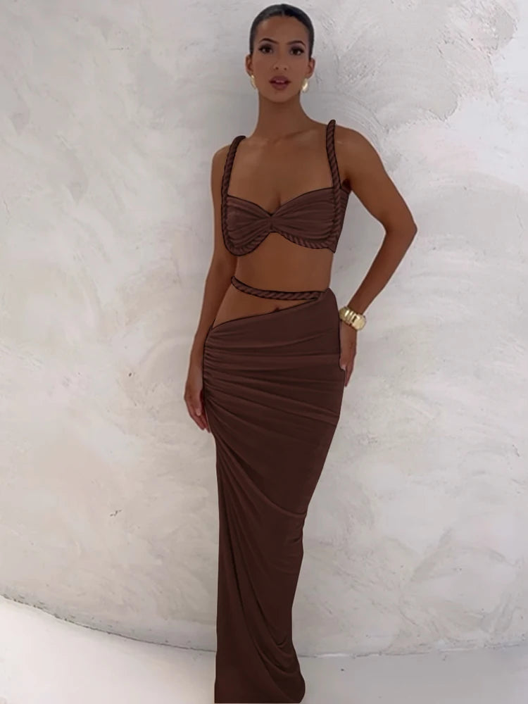 Ensemble 2 Pièces Femme — Crop Top Bretelles Plissé + Jupe Longue Taille Haute Style Vacances