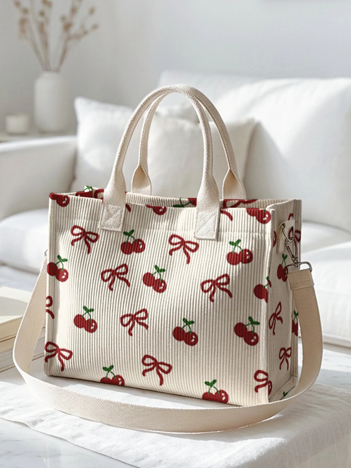 Tote Bag Velours Côtelé Motif Cerise & Nœud — Sac Cabas Grande Capacité Femme