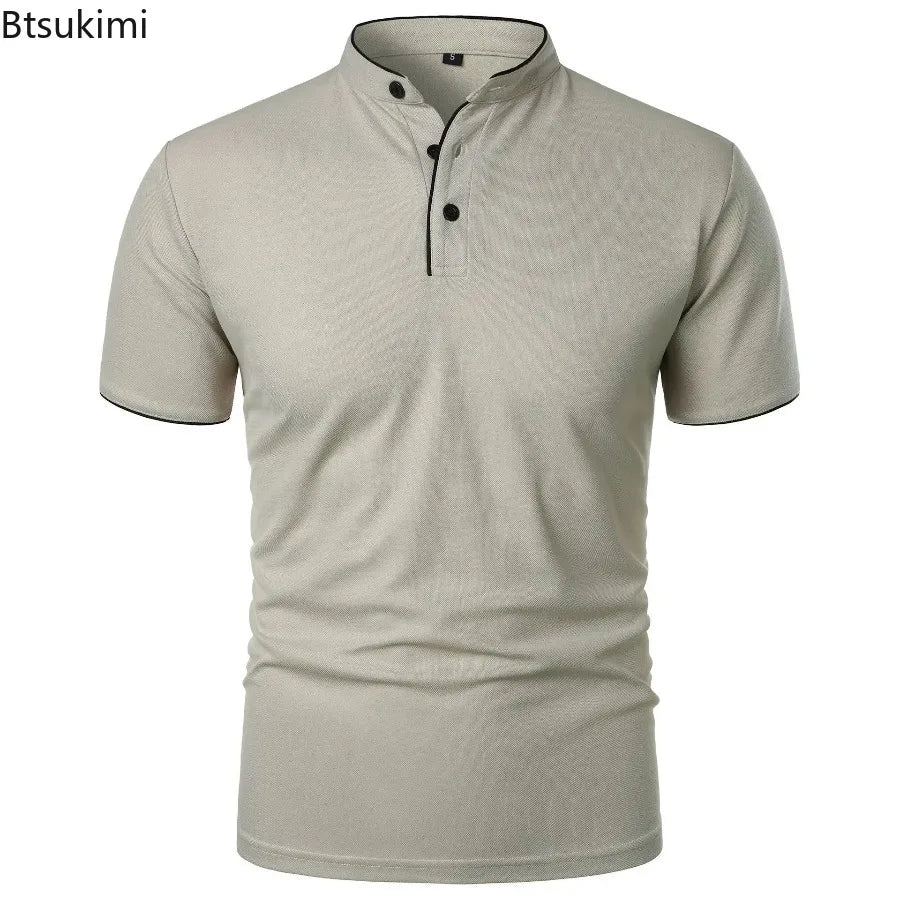 T-Shirt Homme Col Montant Patchwork Manches Courtes — Haut Casual Respirant Business