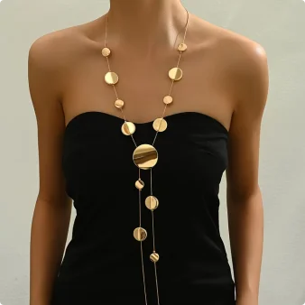 Collier Long Chaîne Disque Rond Doré Élégant — Bijou Femme Quotidien & Soirée