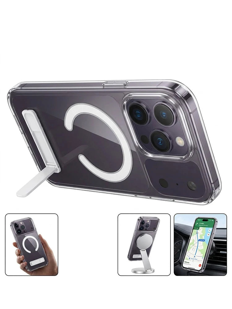 Coque Transparente Magnétique avec Support Pliable — Anti-Jaunissement Slim iPhone 11 à 17 Pro Max