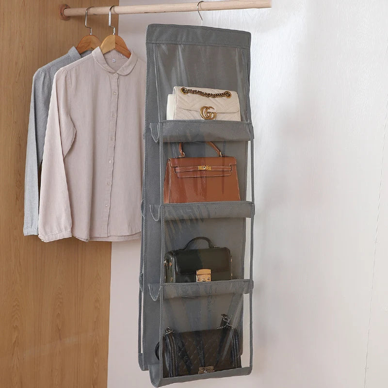 Organiseur Suspendu pour Sacs à Main – 6 ou 8 Pochettes Transparentes, Pliable