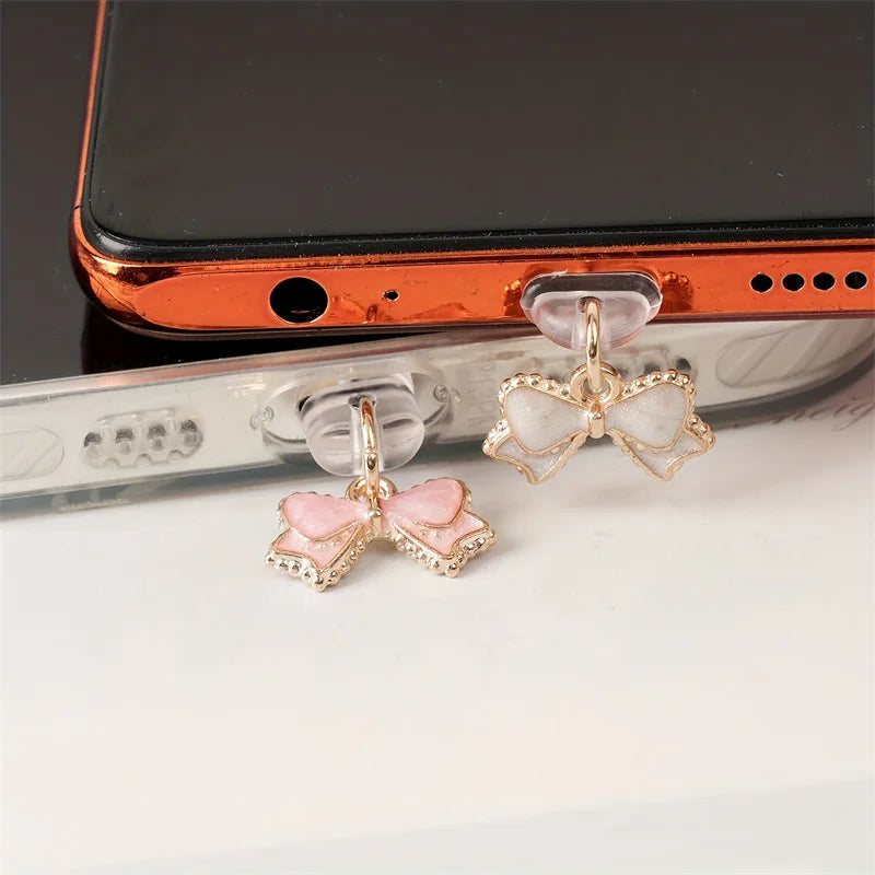 Bouchon Anti-poussière Nœud Papillon Rose & Blanc — Port Lightning, USB-C & Android