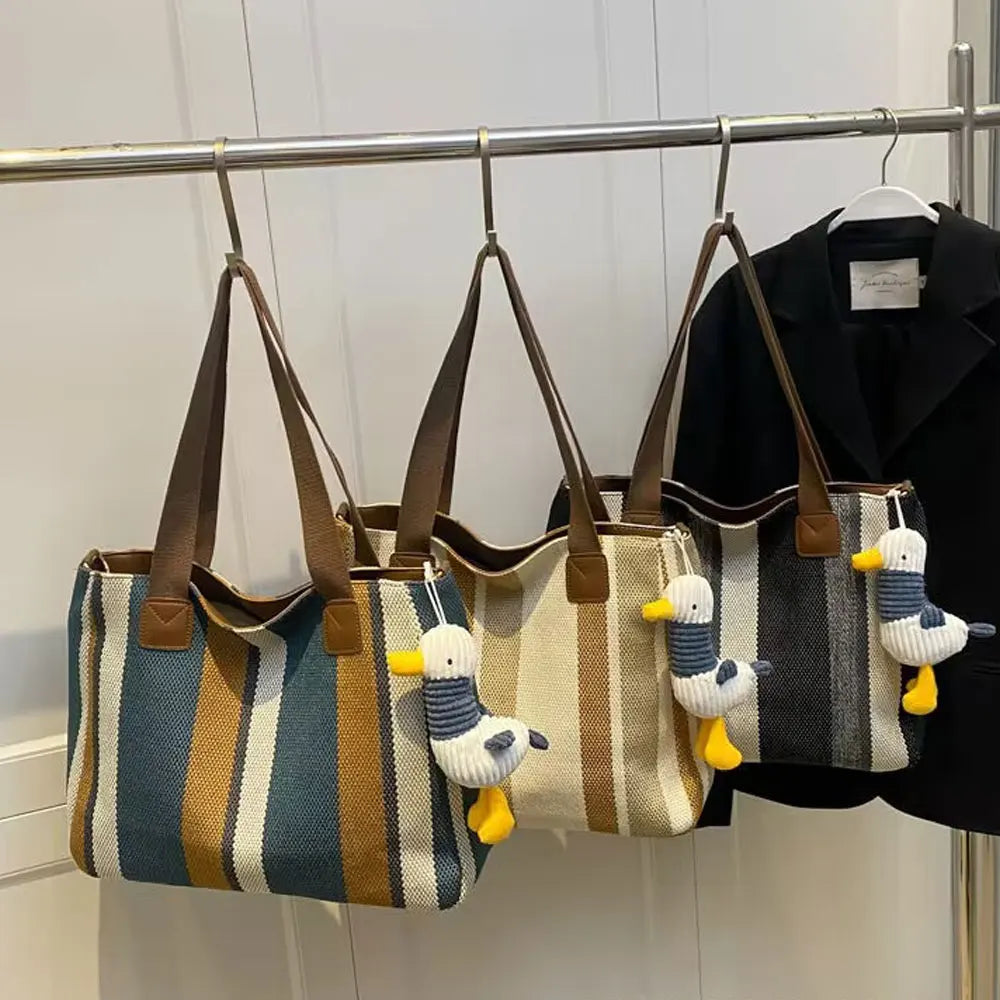 Tote Bag Canvas Rayé Grande Capacité — Sac Bandoulière Casual Unisexe