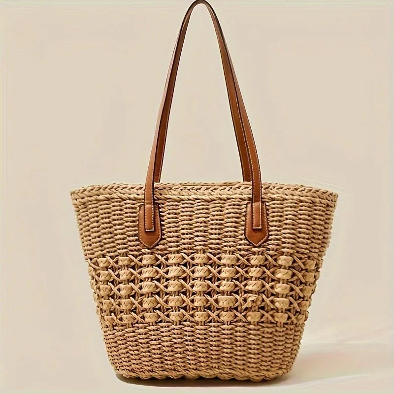 Grand Tote Bag en Paille Tressée — Sac Cabas Femme Grande Capacité Plage & Quotidien