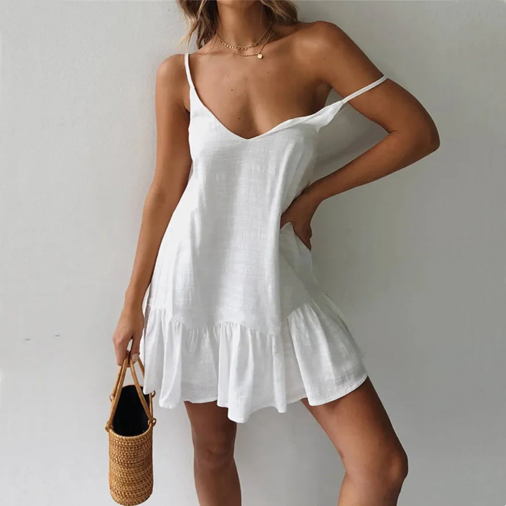 Robe Mini Coton Lin Bretelles À Volants — Robe Été Casual Femme